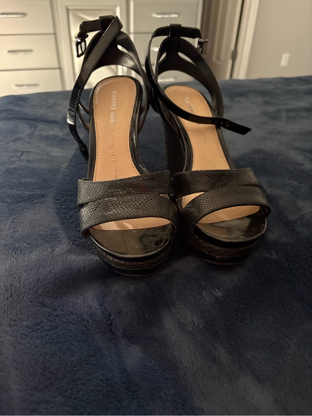 Gianni Bini Black Textured Platform Ankle-Strap Sandals, very comfortable!